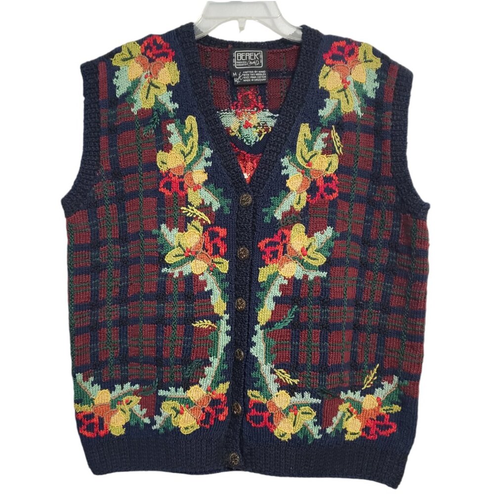 Vintage 1994 Berek Sweater Vest Women's M Hand Knit Plaid Floral Pima Cotton